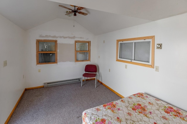 carpeted bedroom with a baseboard heating unit, ceiling fan, lofted ceiling, and baseboards