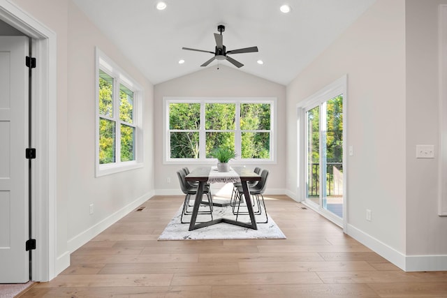 dining space featuring recessed lighting, baseboards, vaulted ceiling, and light wood finished floors