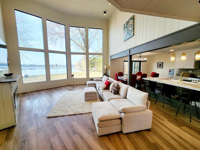 living room featuring high vaulted ceiling, plenty of natural light, a water view, and wood finished floors