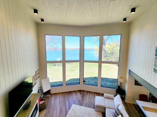 sunroom featuring wooden walls and wood finished floors