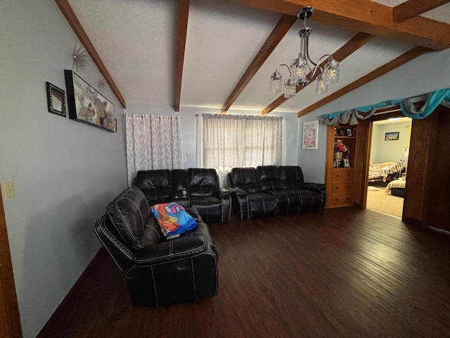 living room with vaulted ceiling with beams, a textured ceiling, wood finished floors, and a chandelier