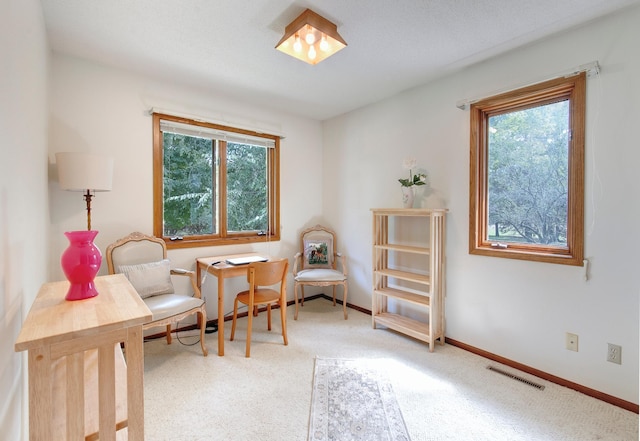 living area featuring carpet flooring, visible vents, and baseboards