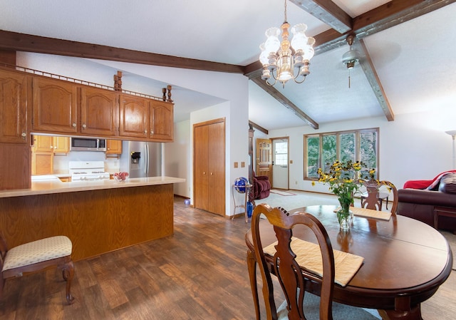 dining room featuring vaulted ceiling with beams, baseboards, dark wood-style floors, and a notable chandelier