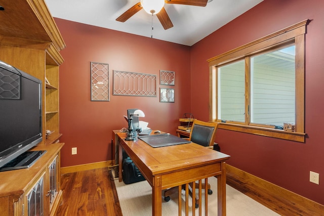 home office featuring ceiling fan, dark wood-style flooring, and baseboards