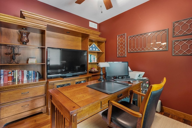 office area with light wood finished floors, ceiling fan, visible vents, and baseboards