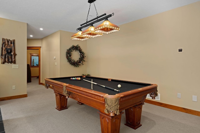 playroom featuring baseboards, recessed lighting, visible vents, and light colored carpet