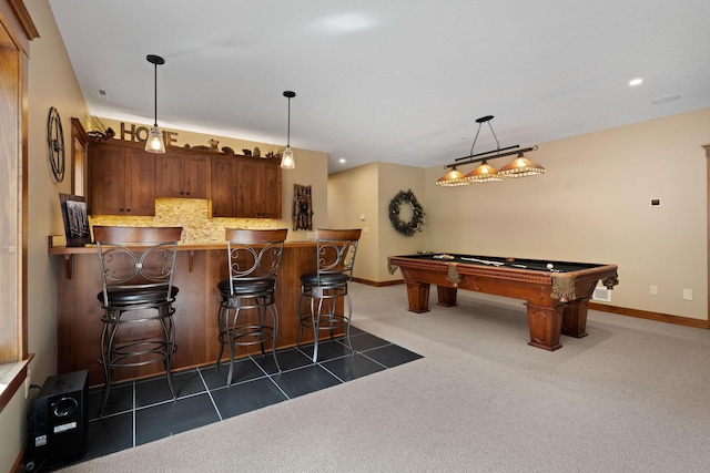 recreation room with baseboards, pool table, dark carpet, and wet bar