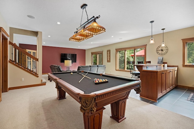 playroom featuring recessed lighting, carpet flooring, a dry bar, and baseboards