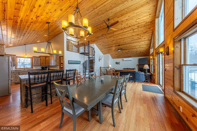dining space with high vaulted ceiling, a chandelier, plenty of natural light, light wood-style floors, and wood ceiling