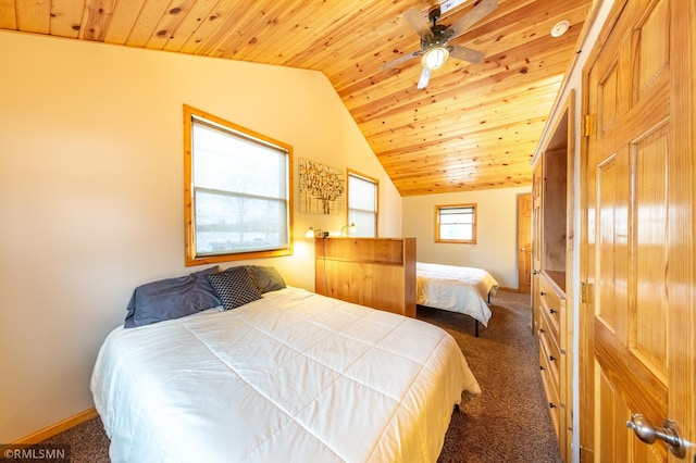 carpeted bedroom featuring wood ceiling, vaulted ceiling, and baseboards