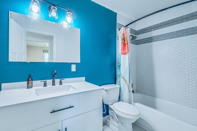 full bathroom with vanity, toilet, and shower / tub combo with curtain