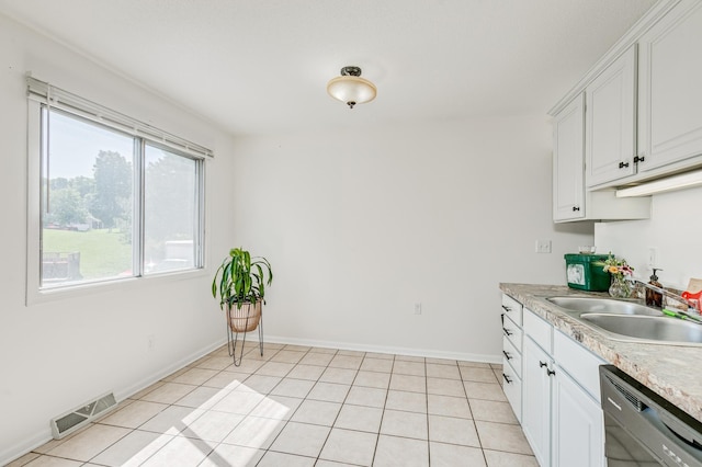 kitchen featuring visible vents, dishwasher, light countertops, white cabinetry, and a sink