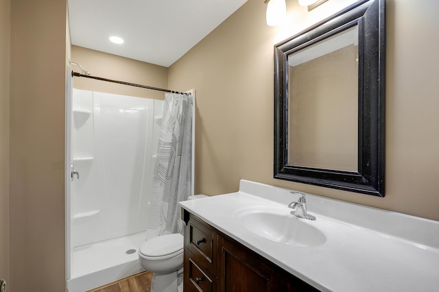 5108 Harvest Curv, Mayer, MN 55360 - full bathroom featuring vanity, wood finished floors, toilet, and a shower stall