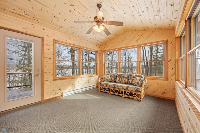 unfurnished sunroom with a baseboard heating unit, a wealth of natural light, wooden ceiling, and vaulted ceiling