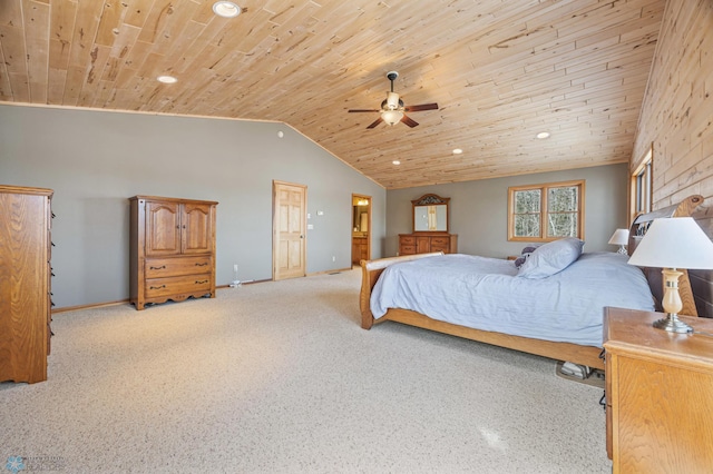 bedroom with wood ceiling, light carpet, vaulted ceiling, ceiling fan, and baseboards