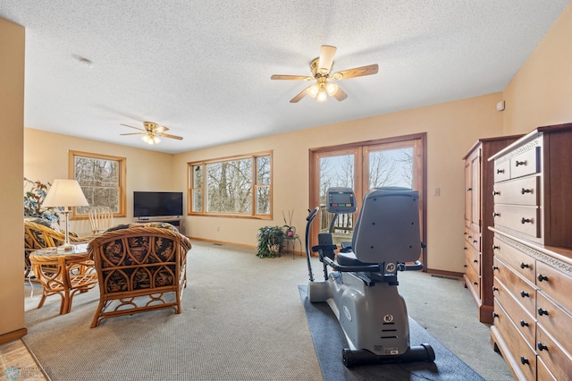 exercise room with baseboards, a textured ceiling, and light colored carpet