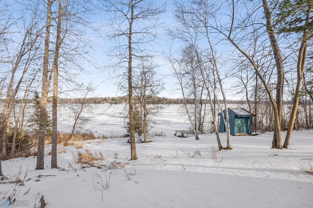 yard layered in snow with a storage unit and an outbuilding