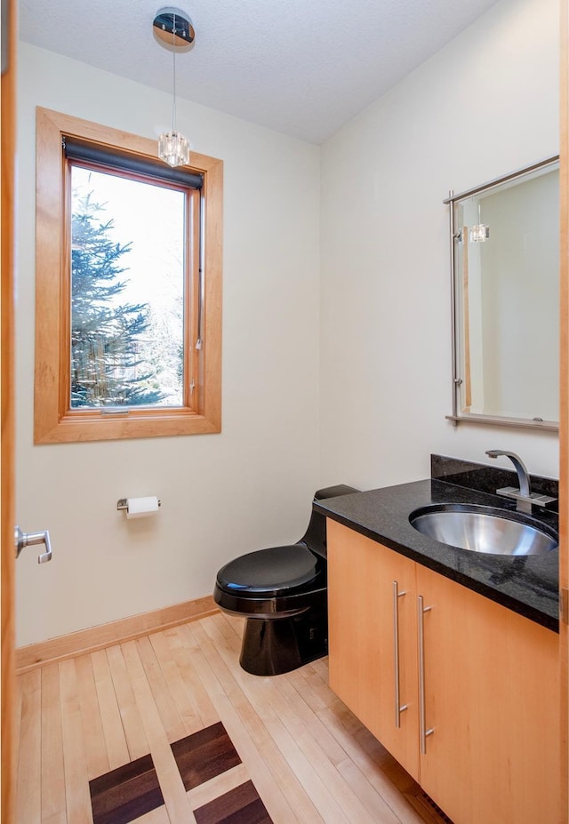 bathroom featuring baseboards, vanity, toilet, and wood finished floors