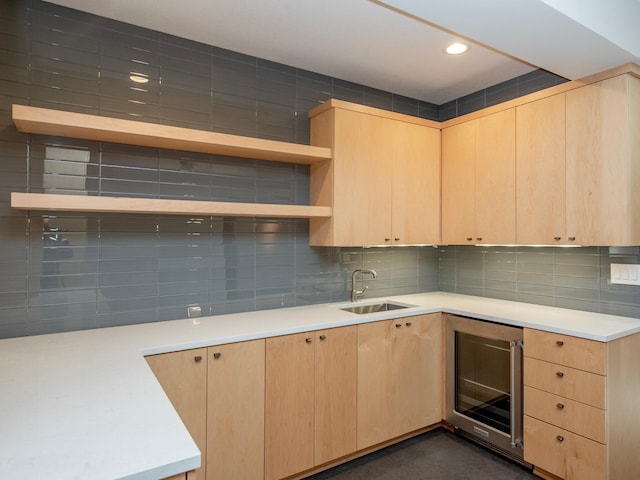 kitchen featuring open shelves, wine cooler, and light brown cabinets