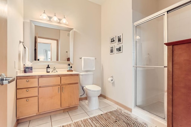 bathroom with tile patterned flooring, a shower stall, toilet, and vanity