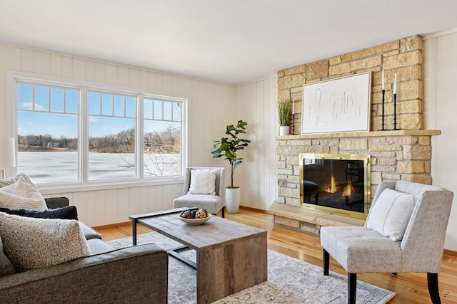 living area featuring wood finished floors and a stone fireplace