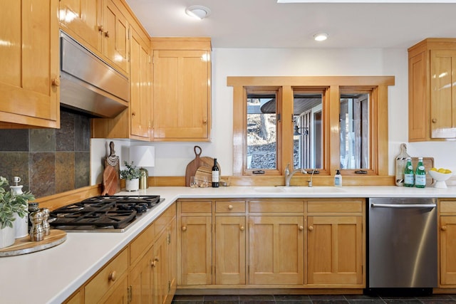 kitchen featuring light countertops, appliances with stainless steel finishes, a sink, and under cabinet range hood