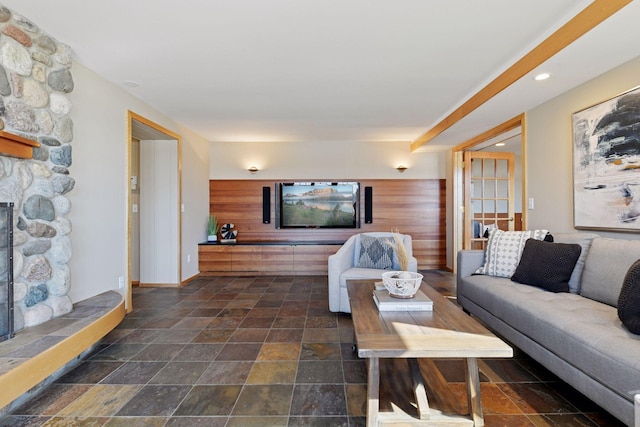 living area with stone finish floor and a fireplace