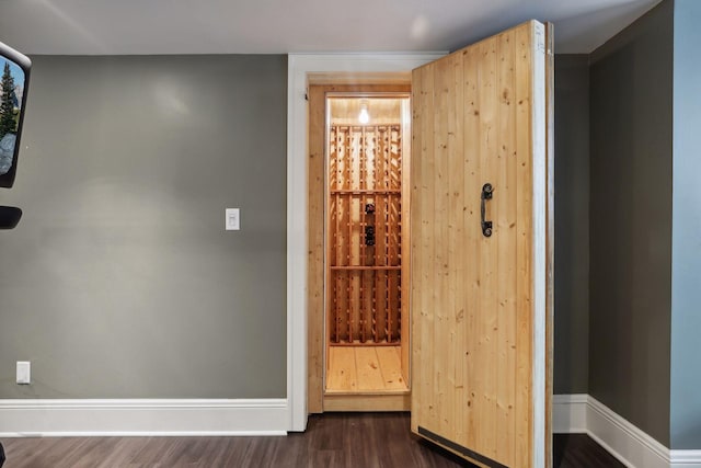 wine cellar with baseboards and dark wood-type flooring