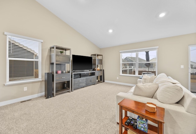 carpeted living room with high vaulted ceiling, recessed lighting, visible vents, and baseboards