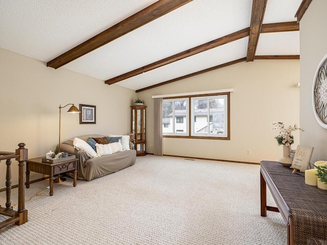 living room with light carpet, baseboards, lofted ceiling with beams, and a textured ceiling