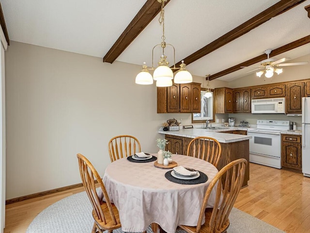 dining room featuring lofted ceiling with beams, light wood-style floors, ceiling fan, and baseboards