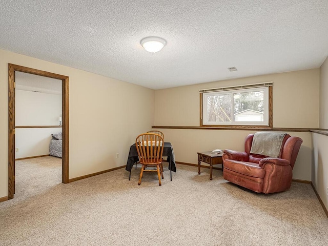 living area featuring a textured ceiling, carpet floors, and baseboards