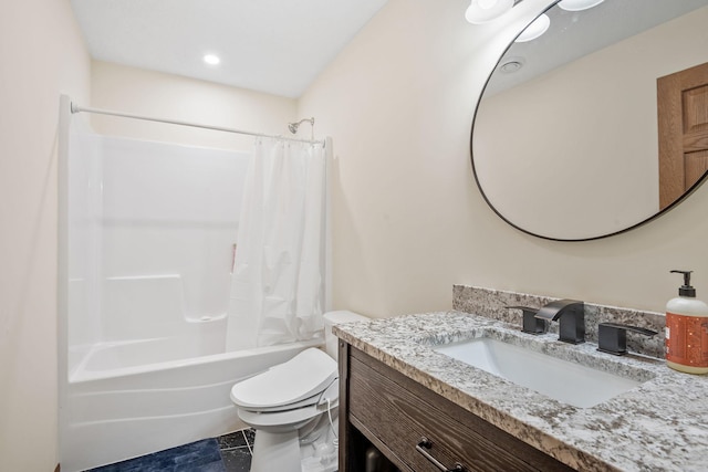 bathroom featuring vanity, toilet, and shower / tub combo with curtain