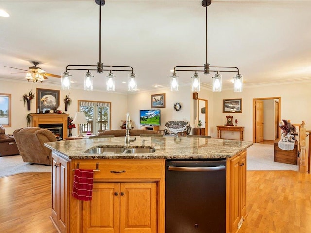 kitchen featuring dishwashing machine, a fireplace, open floor plan, and a sink