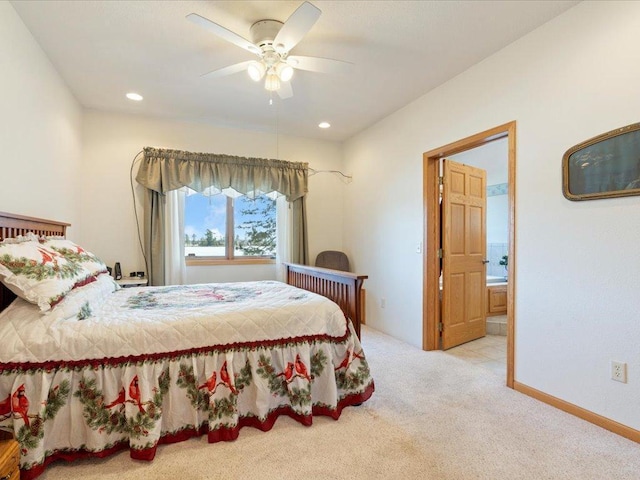 bedroom with a ceiling fan, carpet, baseboards, recessed lighting, and connected bathroom