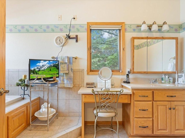 bathroom featuring a bath, vanity, and tile patterned flooring