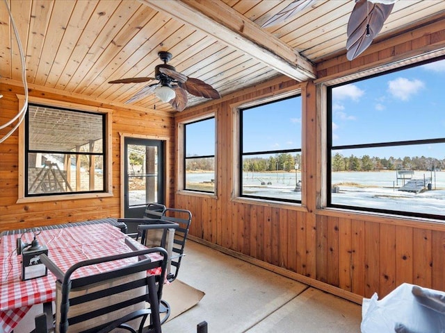 sunroom featuring ceiling fan, beamed ceiling, and wooden ceiling