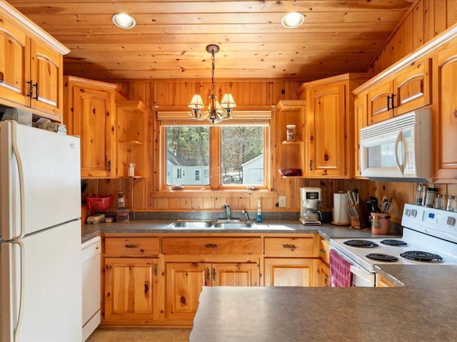 kitchen with a sink, white appliances, wood ceiling, and open shelves