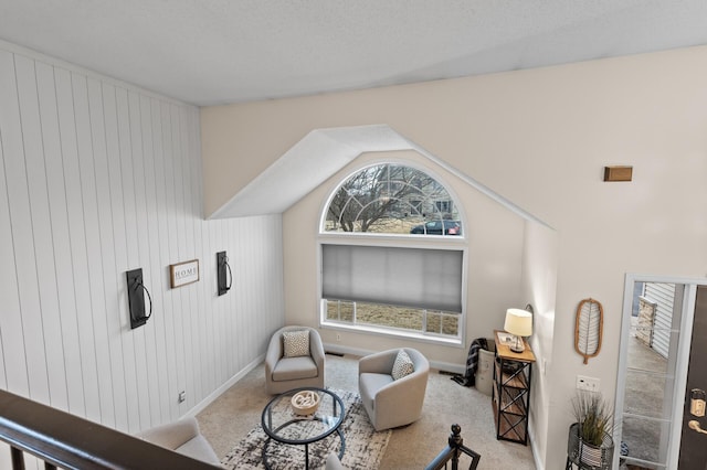 living area with lofted ceiling and carpet flooring