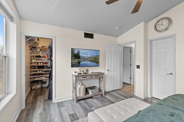 interior space with visible vents, wood finished floors, a spacious closet, vaulted ceiling, and a closet