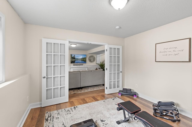 workout room featuring wood finished floors and french doors