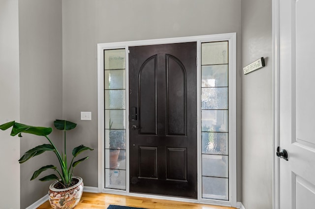 foyer with baseboards and wood finished floors