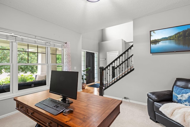 office area featuring a textured ceiling, baseboards, and carpet flooring