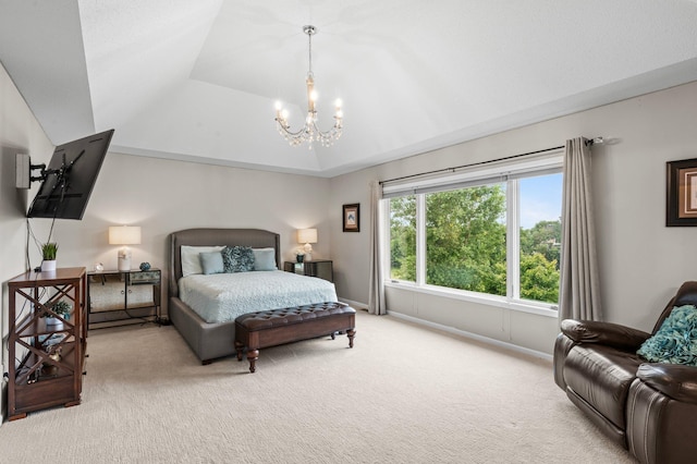 carpeted bedroom with vaulted ceiling, baseboards, and an inviting chandelier