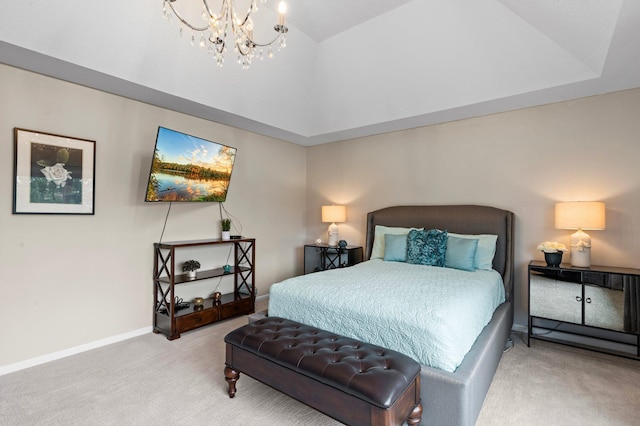 carpeted bedroom with a chandelier and baseboards