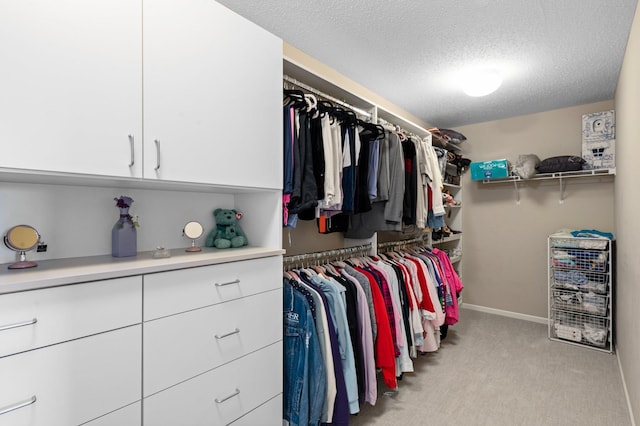 walk in closet with light carpet