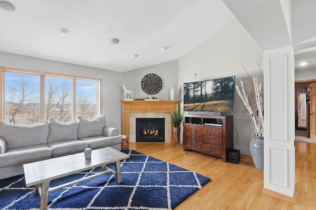 living room with a fireplace, lofted ceiling, and wood finished floors