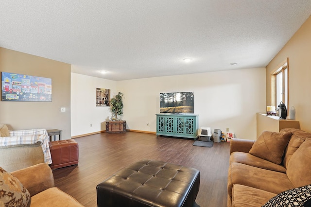 living area with baseboards, a textured ceiling, and wood finished floors