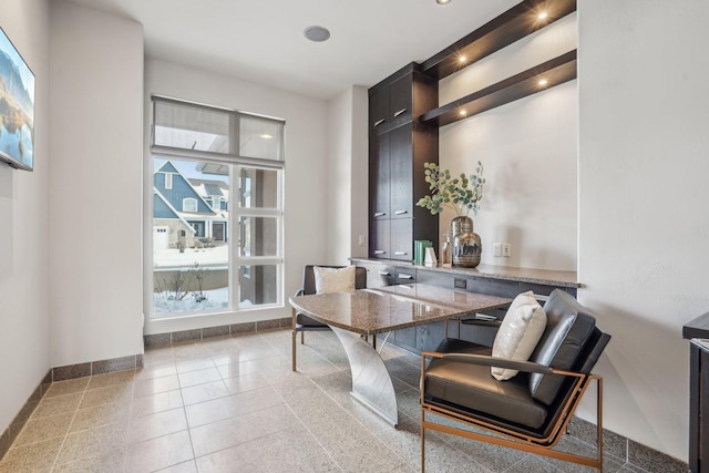 office featuring recessed lighting, tile patterned floors, and baseboards