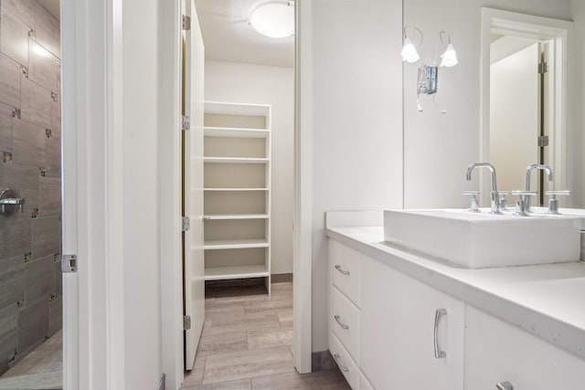 bathroom with a spacious closet, wood finish floors, and vanity